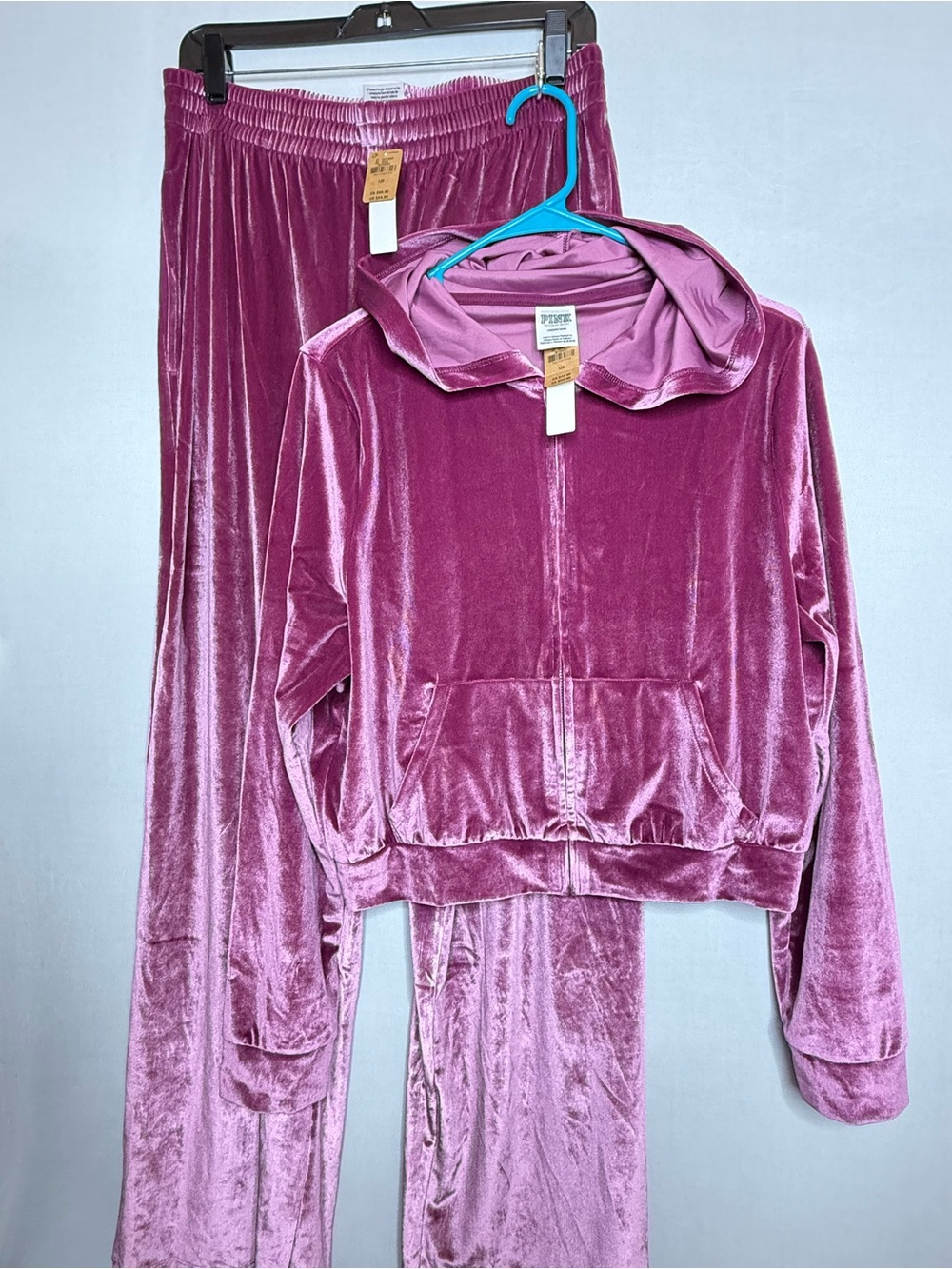 Pink By Victoria Secret Rhinestone Logo Velour Crop Hoodie & Wide Leg Pants L A4 - Picture 2 of 8
